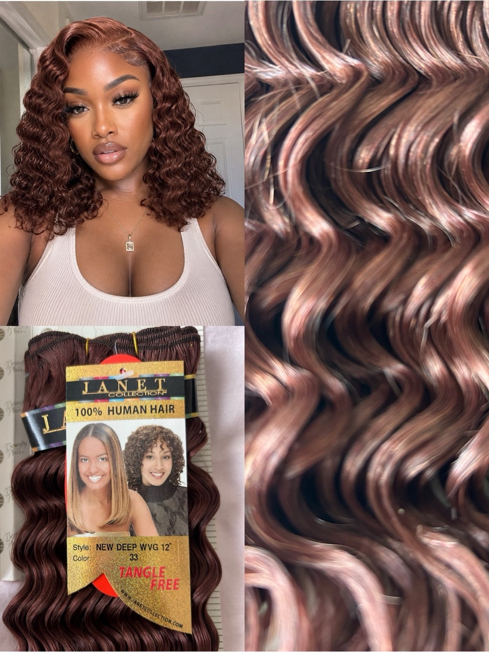 Janet Collection 100% Human Hair Deep Wave Extensions Color 33 Rich Chestnut 12”